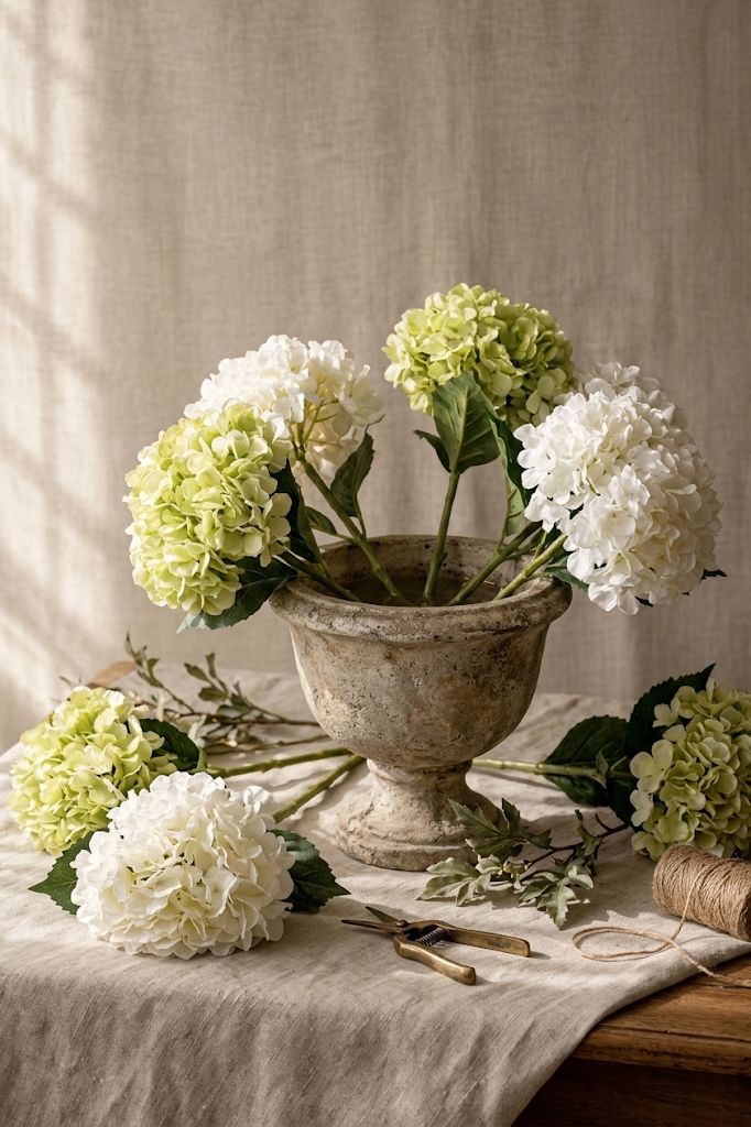 Hortensias blancas y verdes en jarrón de piedra con tijeras de podar