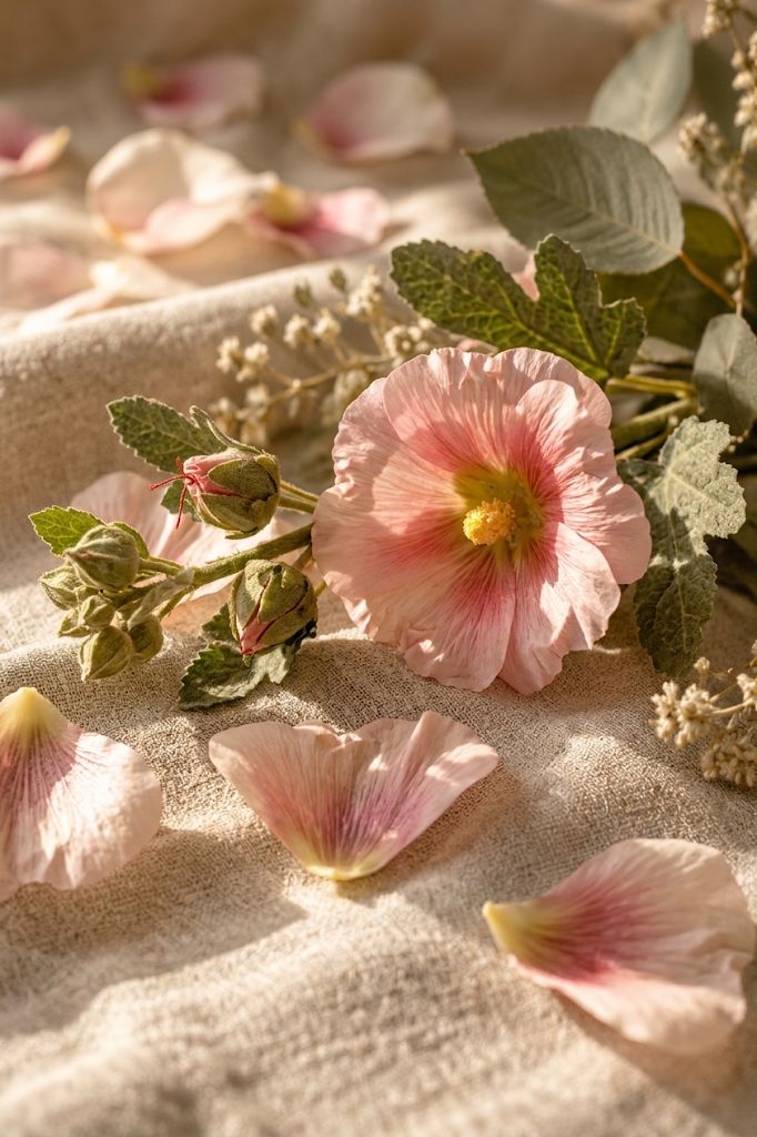 Alcea rosa con pétalos sobre lino